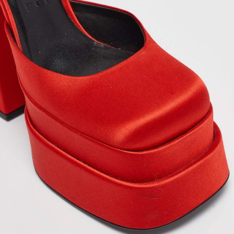Pre Owned Versace Red Satin Platform Ankle Strap Sandals Size 39.5