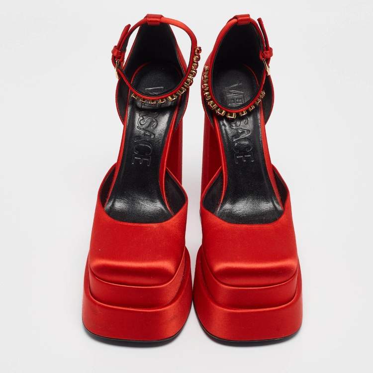 Pre Owned Versace Red Satin Platform Ankle Strap Sandals Size 39.5