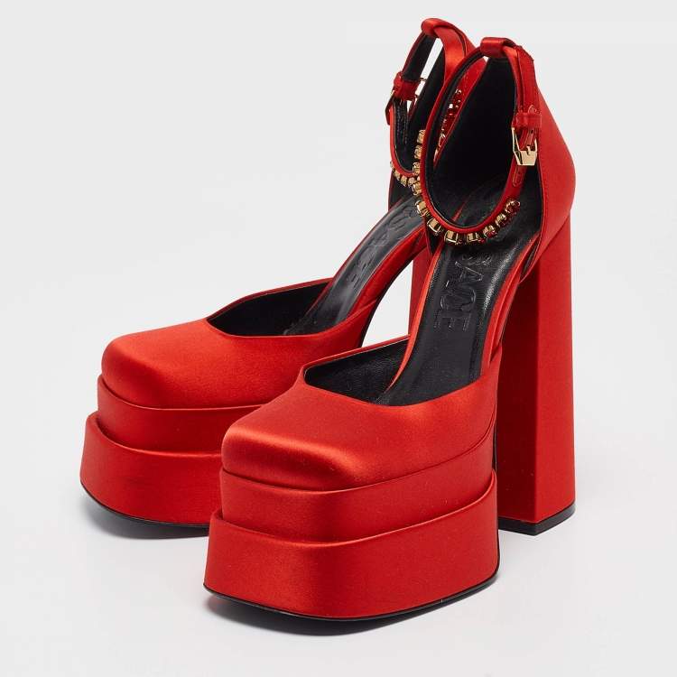 Pre Owned Versace Red Satin Platform Ankle Strap Sandals Size 39.5
