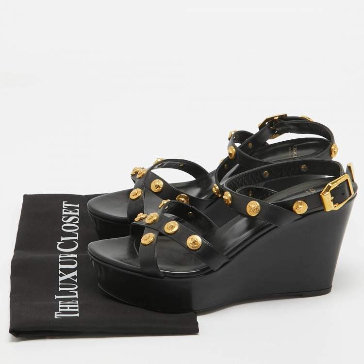 Pre Owned Versace Black Leather Medusa Wedge Sandals Size 40