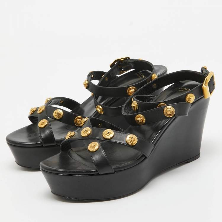 Pre Owned Versace Black Leather Medusa Wedge Sandals Size 40