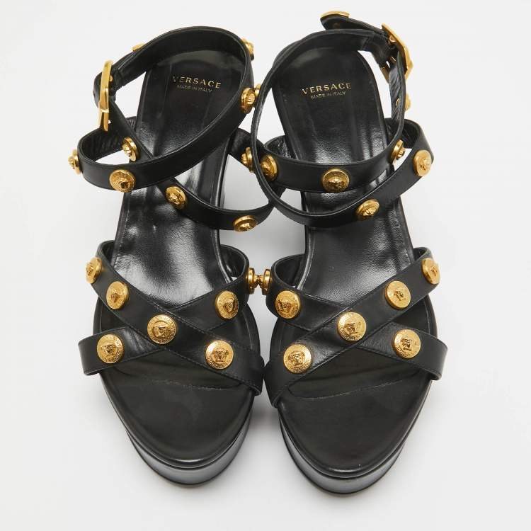 Pre Owned Versace Black Leather Medusa Wedge Sandals Size 40