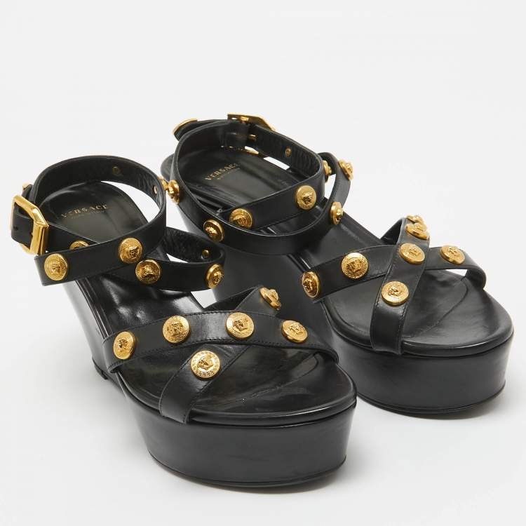 Pre Owned Versace Black Leather Medusa Wedge Sandals Size 40