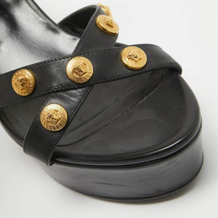 Pre Owned Versace Black Leather Medusa Wedge Sandals Size 40