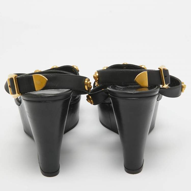Pre Owned Versace Black Leather Medusa Wedge Sandals Size 40