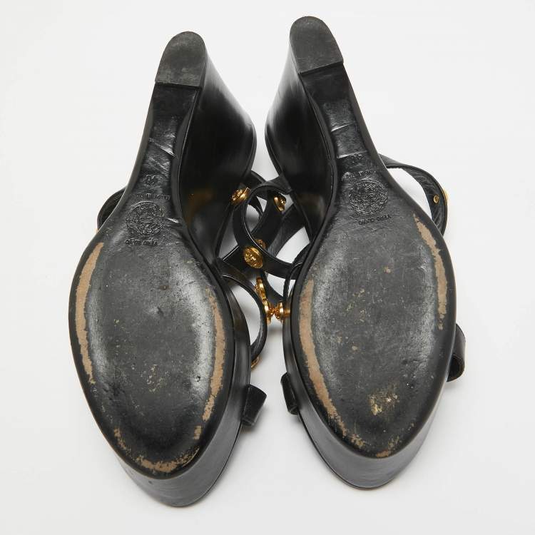 Pre Owned Versace Black Leather Medusa Wedge Sandals Size 40