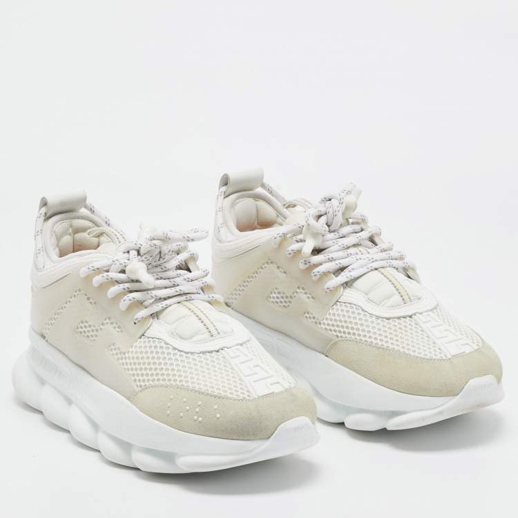 Pre Owned Versace White Suede and PVC Chain Reaction Sneakers Size 40