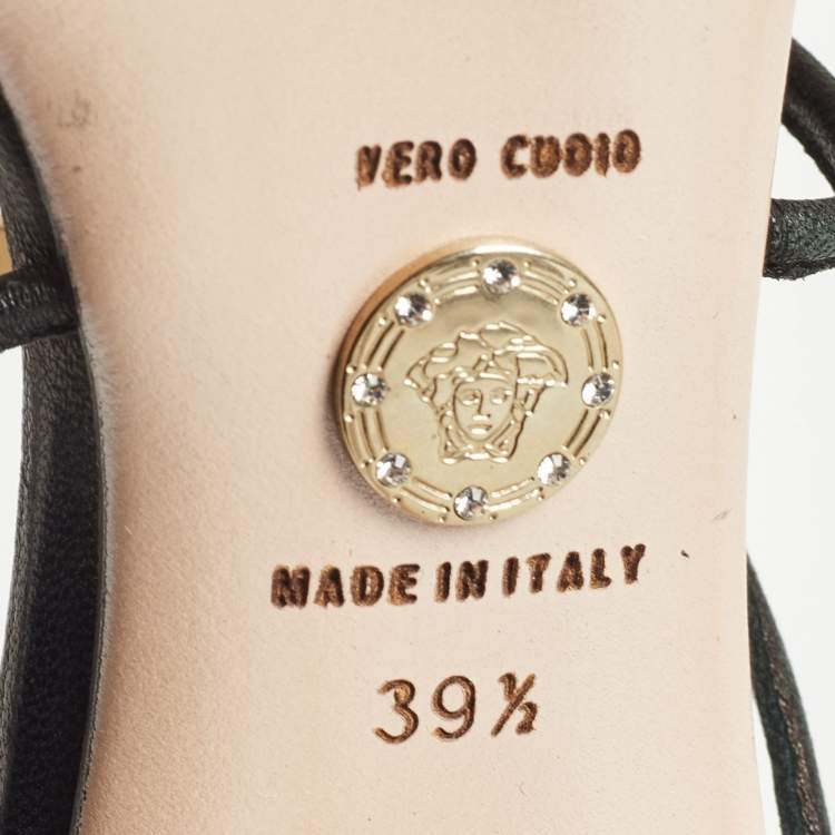 Pre Owned Versace Black Leather Medusa Ankle Strap Sandals Size 39.5