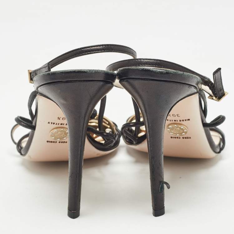 Pre Owned Versace Black Leather Medusa Ankle Strap Sandals Size 39.5