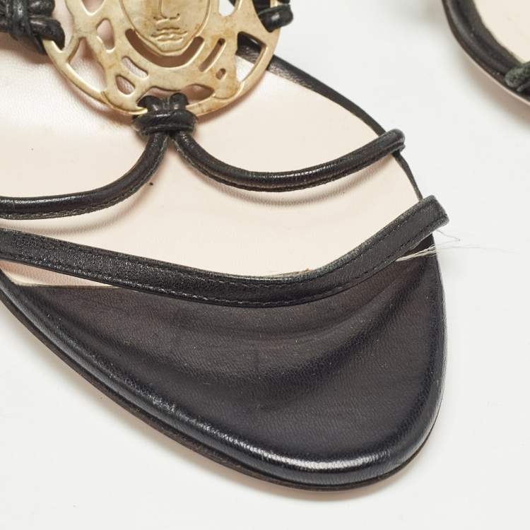Pre Owned Versace Black Leather Medusa Ankle Strap Sandals Size 39.5