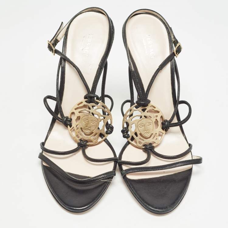 Pre Owned Versace Black Leather Medusa Ankle Strap Sandals Size 39.5