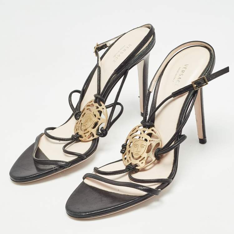 Pre Owned Versace Black Leather Medusa Ankle Strap Sandals Size 39.5