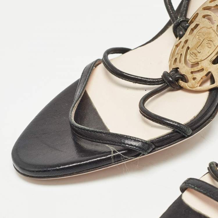Pre Owned Versace Black Leather Medusa Ankle Strap Sandals Size 39.5