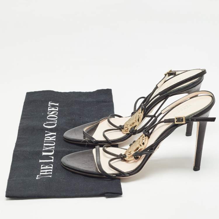 Pre Owned Versace Black Leather Medusa Ankle Strap Sandals Size 39.5