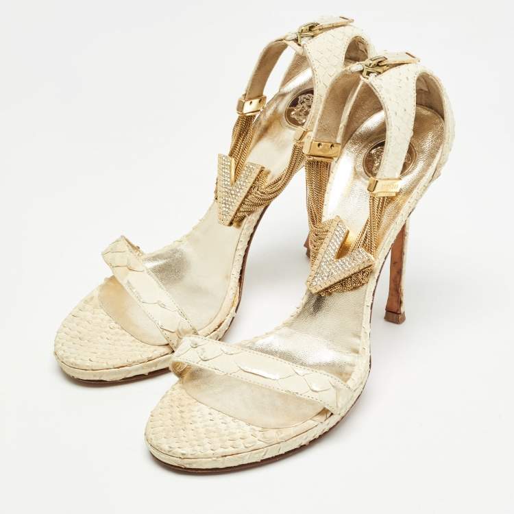 Pre Owned Versace Cream Python Ankle Strap Sandals Size 39