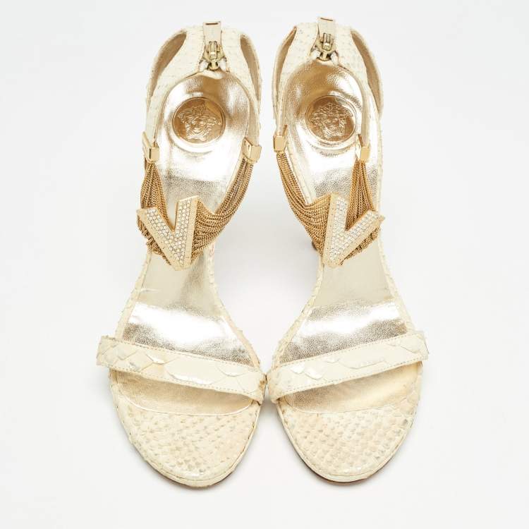 Pre Owned Versace Cream Python Ankle Strap Sandals Size 39