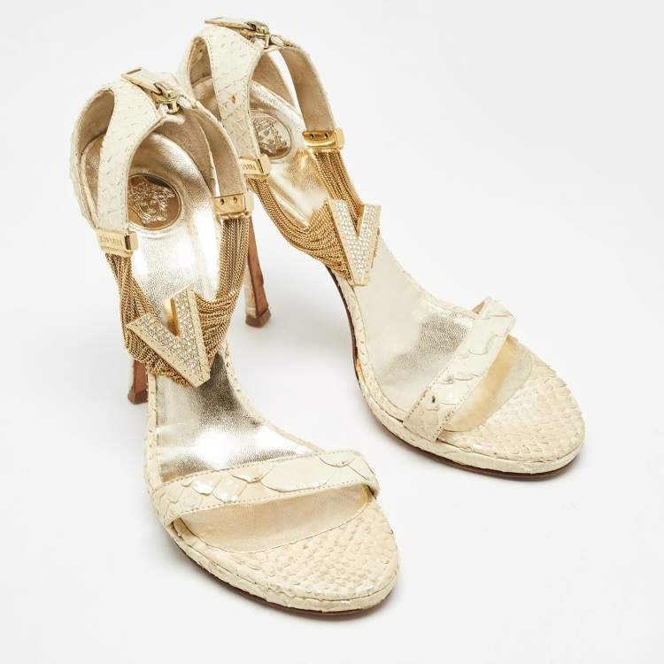Pre Owned Versace Cream Python Ankle Strap Sandals Size 39