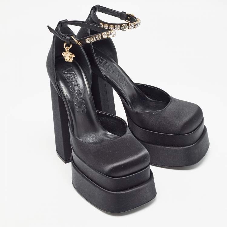 Pre Owned Versace Black Satin Aevitas Crystal Embellished Platform Block Heel Ankle Strap Pumps Size 39 