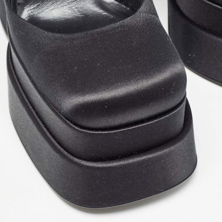 Pre Owned Versace Black Satin Aevitas Crystal Embellished Platform Block Heel Ankle Strap Pumps Size 39 