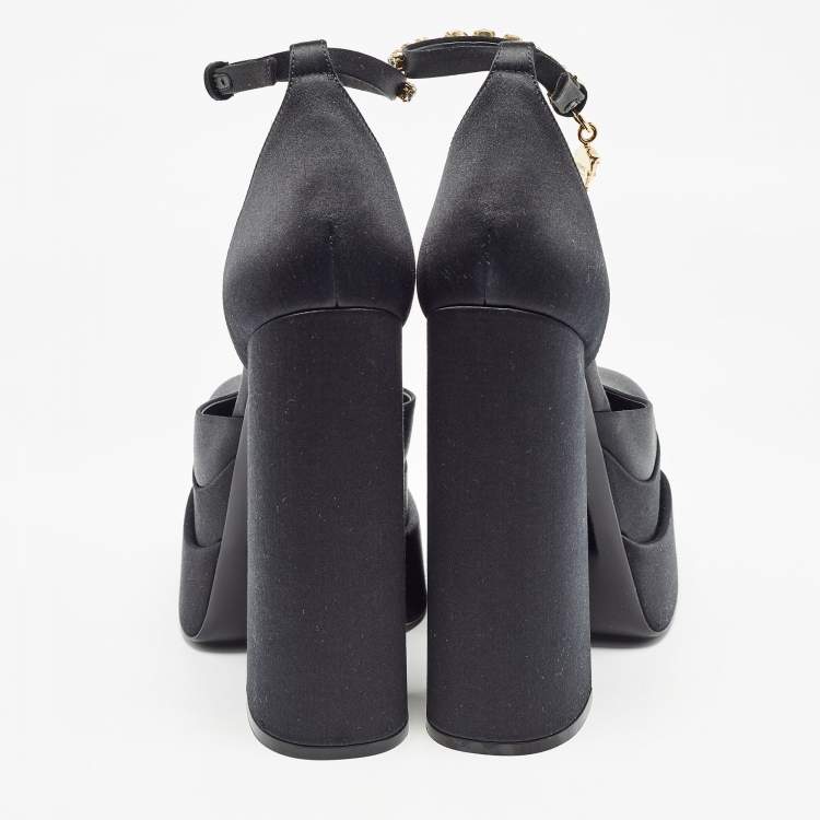 Pre Owned Versace Black Satin Aevitas Crystal Embellished Platform Block Heel Ankle Strap Pumps Size 39 