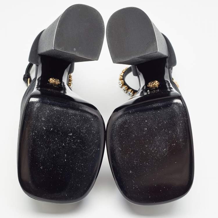 Pre Owned Versace Black Satin Aevitas Crystal Embellished Platform Block Heel Ankle Strap Pumps Size 39 