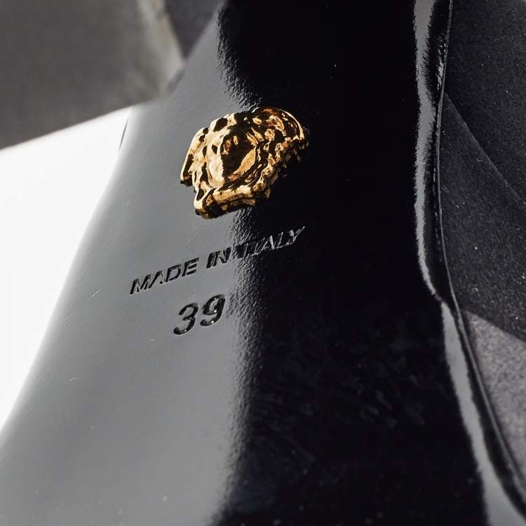 Pre Owned Versace Black Satin Aevitas Crystal Embellished Platform Block Heel Ankle Strap Pumps Size 39 