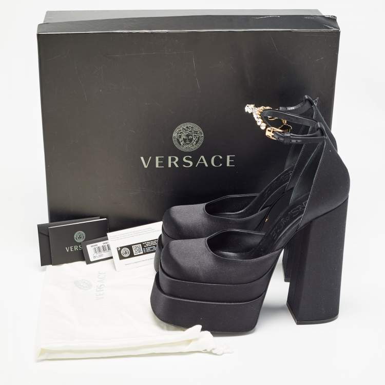 Pre Owned Versace Black Satin Aevitas Crystal Embellished Platform Block Heel Ankle Strap Pumps Size 39 