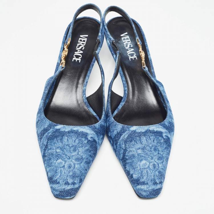 Pre Owned Versace Blue Denim Medusa '95 Barocco Slingback Pumps Size 41