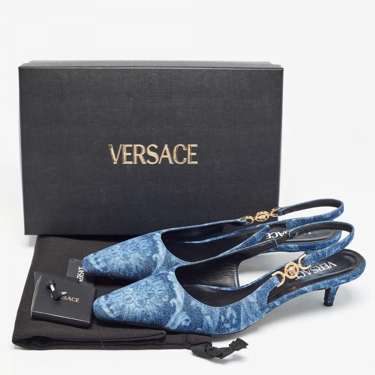 Pre Owned Versace Blue Denim Medusa '95 Barocco Slingback Pumps Size 41