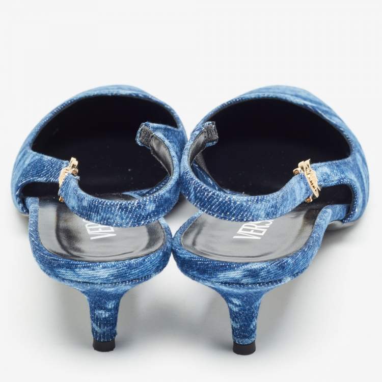 Pre Owned Versace Blue Denim Medusa '95 Barocco Slingback Pumps Size 41