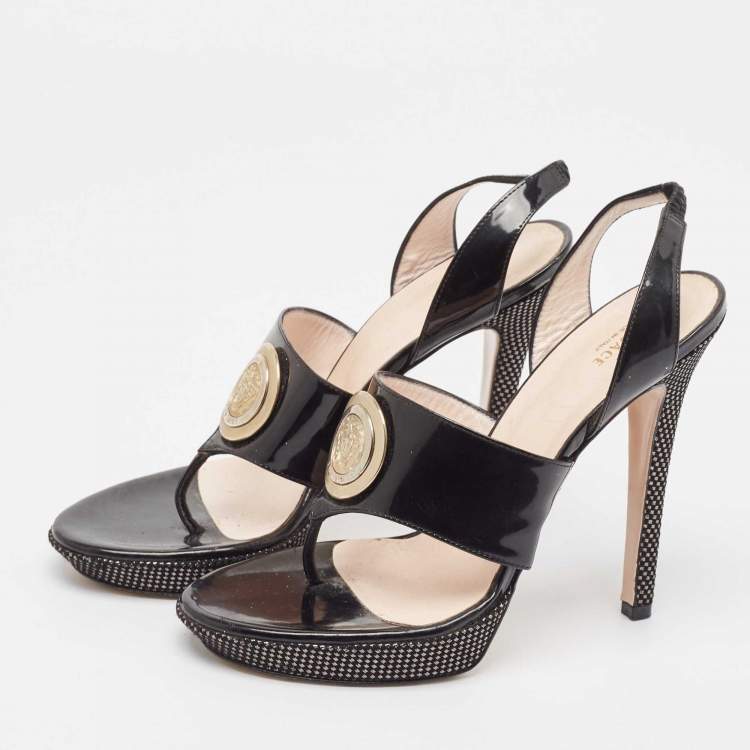 مملوكة مسبقًا Versace Black Patent Leather Medusa Slingback Sandals Size 38