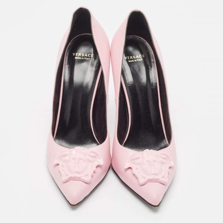 Pre Owned Versace Pink Leather Medusa Pointed Toe Pumps Size 38.5
