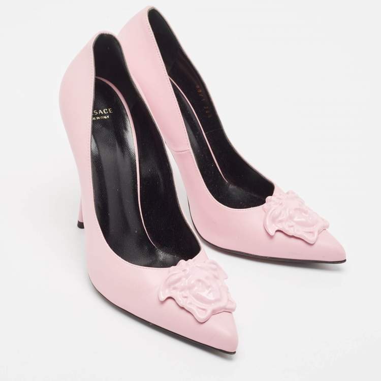 Pre Owned Versace Pink Leather Medusa Pointed Toe Pumps Size 38.5