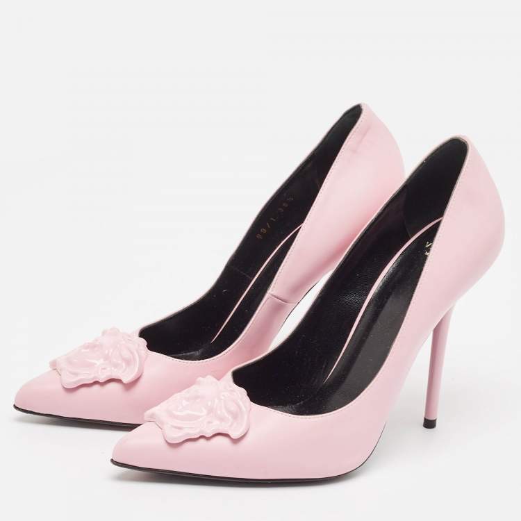 Pre Owned Versace Pink Leather Medusa Pointed Toe Pumps Size 38.5