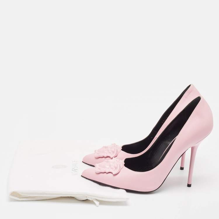 Pre Owned Versace Pink Leather Medusa Pointed Toe Pumps Size 38.5