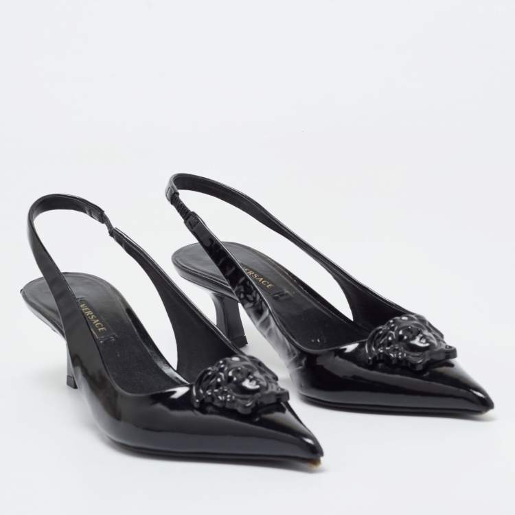 Pre Owned Versace Black Patent  La Medusa Slingback Pumps Size 36.5