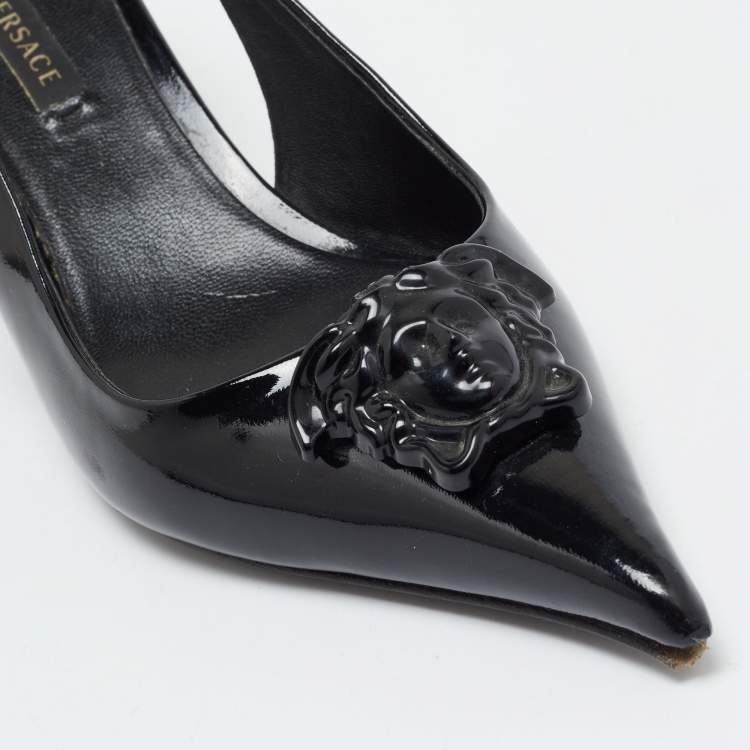 Pre Owned Versace Black Patent  La Medusa Slingback Pumps Size 36.5