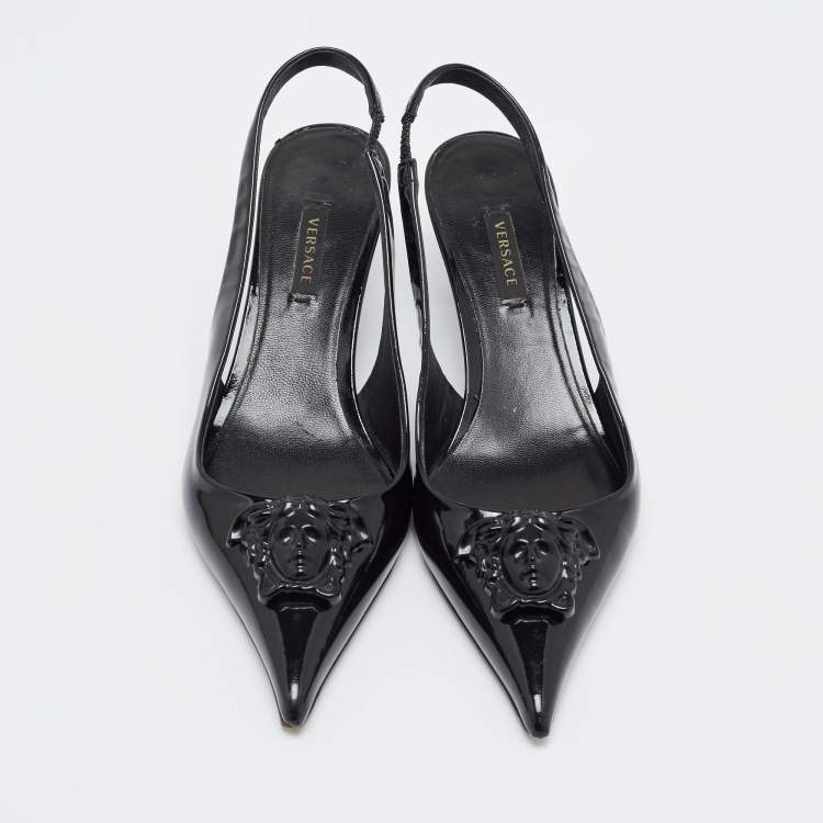 Pre Owned Versace Black Patent  La Medusa Slingback Pumps Size 36.5