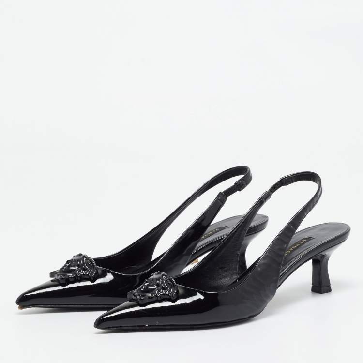 Pre Owned Versace Black Patent  La Medusa Slingback Pumps Size 36.5