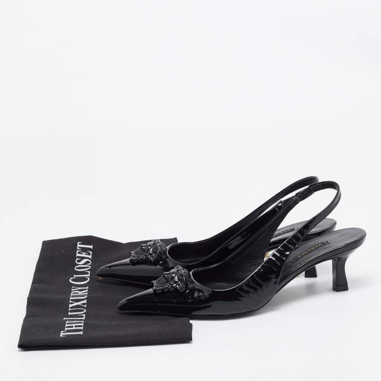 Pre Owned Versace Black Patent  La Medusa Slingback Pumps Size 36.5