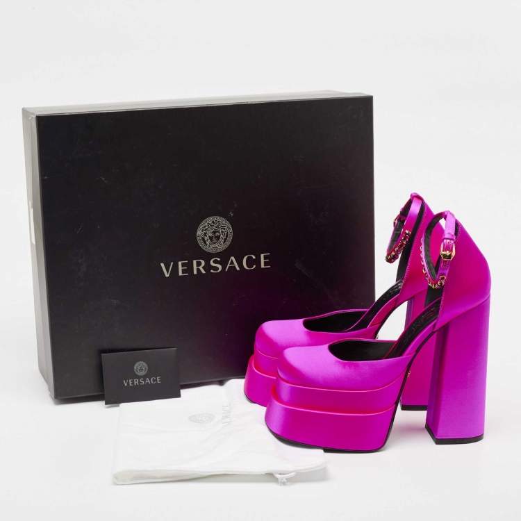Pre Owned Versace Purple Satin Medusa Block Heel Pumps Size 38