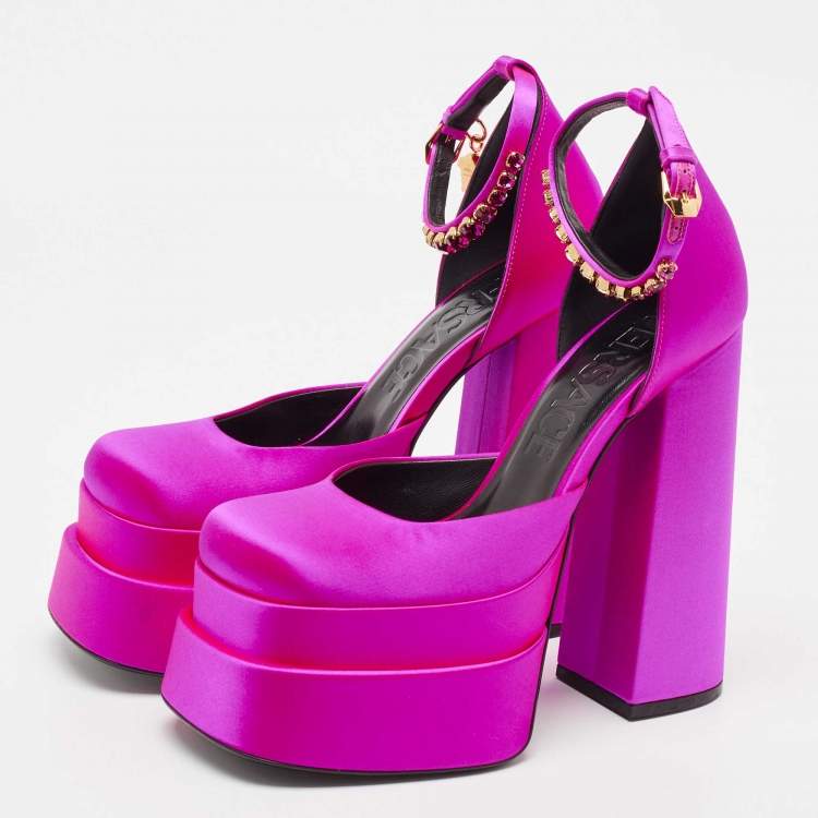 Pre Owned Versace Purple Satin Medusa Block Heel Pumps Size 38
