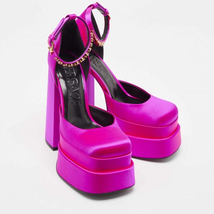 Pre Owned Versace Purple Satin Medusa Block Heel Pumps Size 38