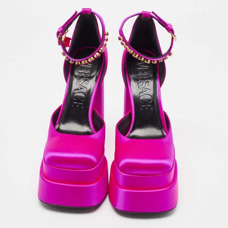 Pre Owned Versace Purple Satin Medusa Block Heel Pumps Size 38