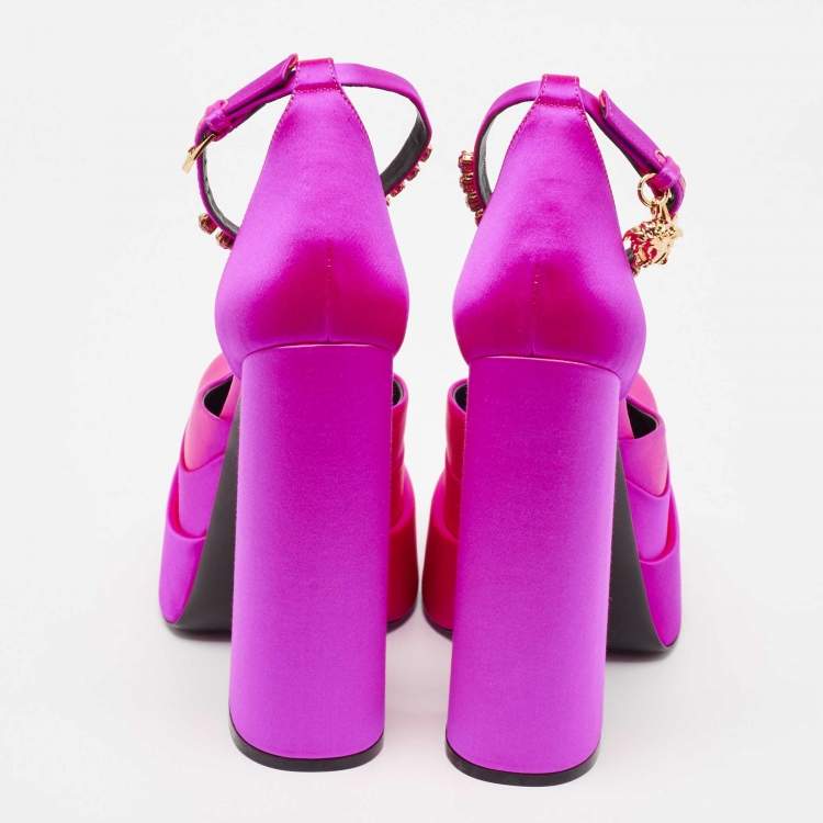 Pre Owned Versace Purple Satin Medusa Block Heel Pumps Size 38