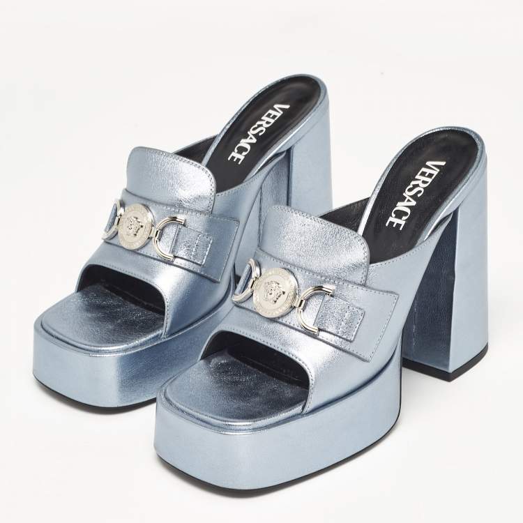 Pre Owned Versace Metallic Blue Leather Medusa Slide Sandals Size 38