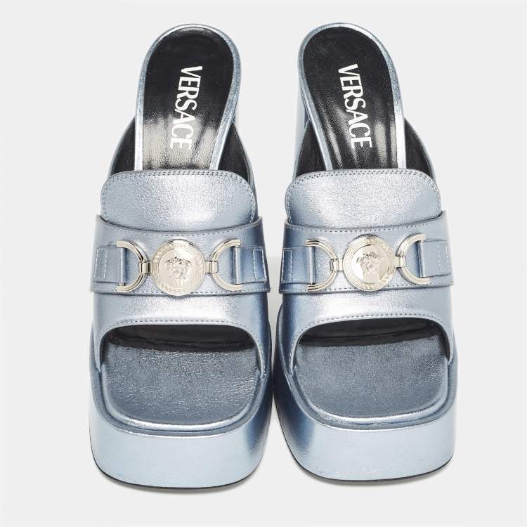 Pre Owned Versace Metallic Blue Leather Medusa Slide Sandals Size 38