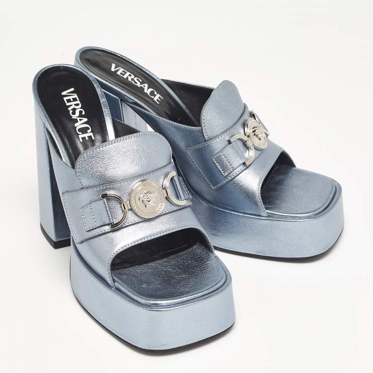Pre Owned Versace Metallic Blue Leather Medusa Slide Sandals Size 38