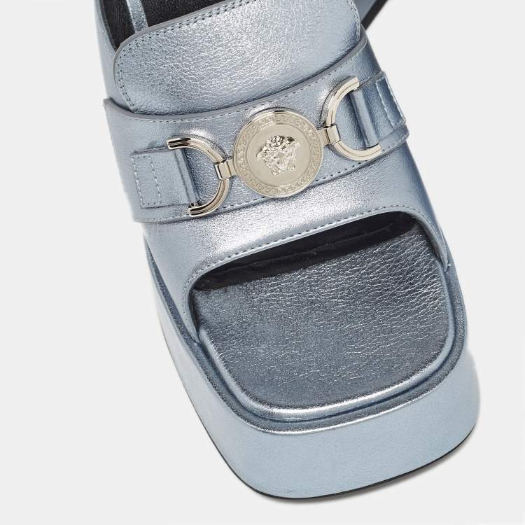 Pre Owned Versace Metallic Blue Leather Medusa Slide Sandals Size 38