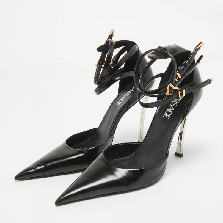Pre Owned Versace Black Leather Triple Ankle Strap Pumps Size 39